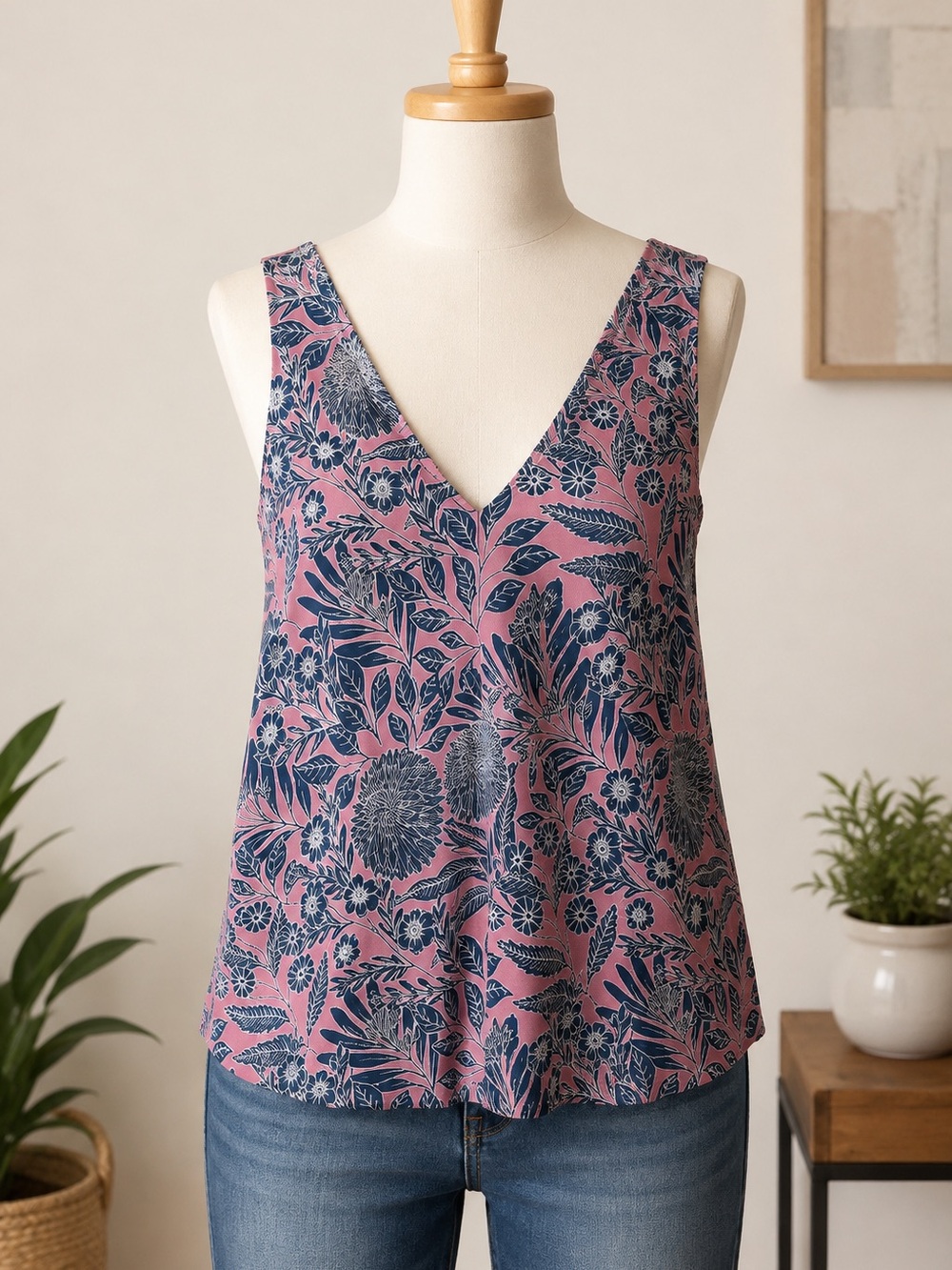J. Crew Pink Floral V-Neck Tank with Navy Botanical Print